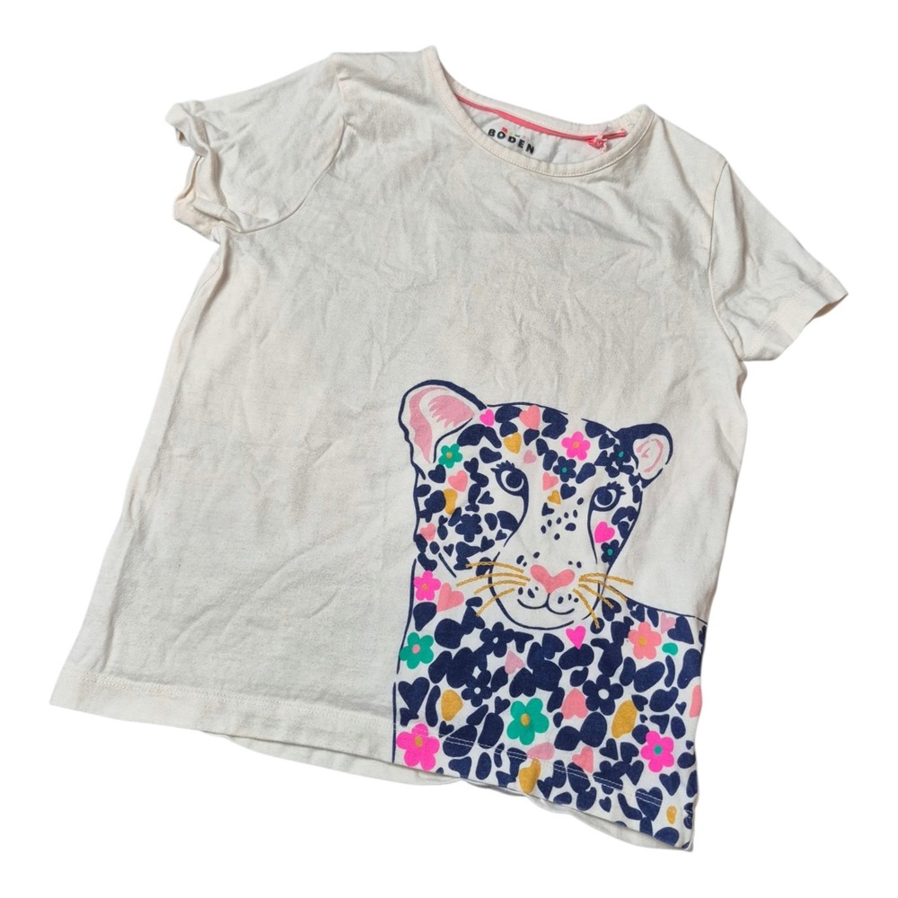 Mini Boden Girls 8-9 Yrs Leopard T Shirt Floral Cheetah Graphic White Cotton